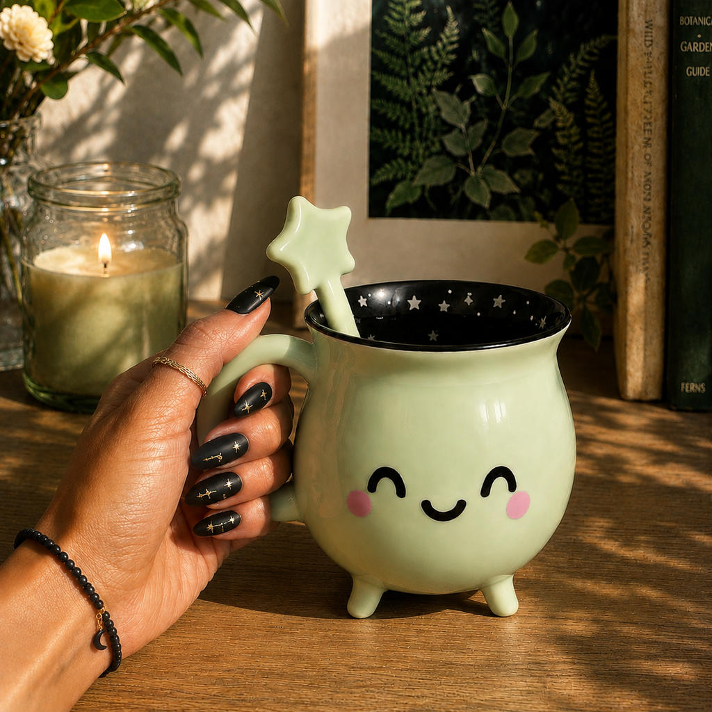 Mint Green Cauldron Mug with Wand Stirrer