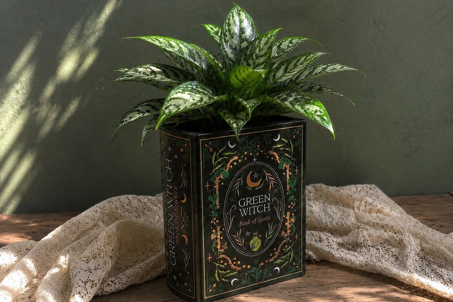 Green Witch Book Shaped Vase