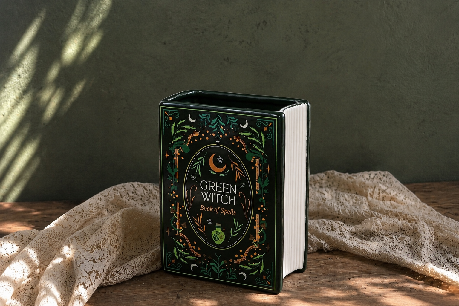 Green Witch Book Shaped Vase