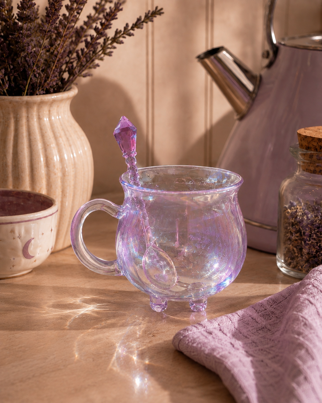 Iridescent glass cauldron mug with crystal spoon styled on a kitchen counter with lavender and cork jar