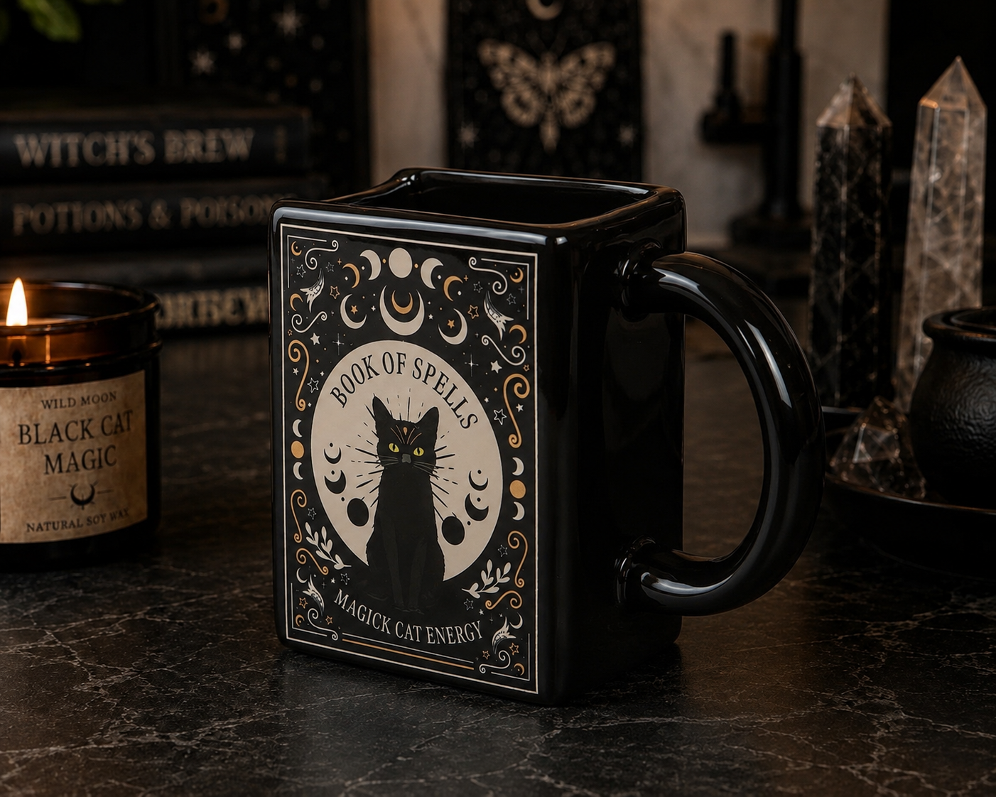 Book of Spells Magick Cat Energy black book-shaped mug side view showing handle